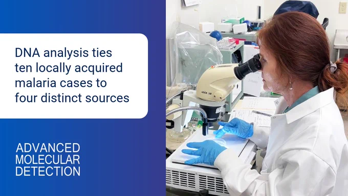 Woman looking through a microscope in a lab. Text overlay: DNA analysis ties ten locally acquired malaria cases to four distinct sources. 