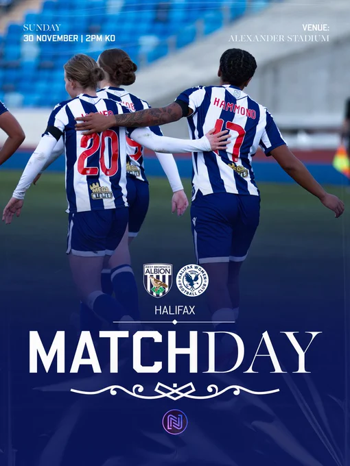 A matchday graphic for Albion Women vs Halifax on Sunday, November 30 at 2pm at the Alexander Stadium. Phoebe Warner and Amya Hammond McLean feature on the cover.