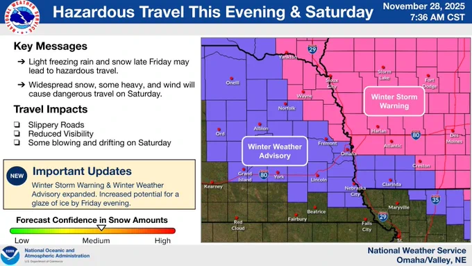 Map illustrating the winter storm warning and winter weather advisory areas.