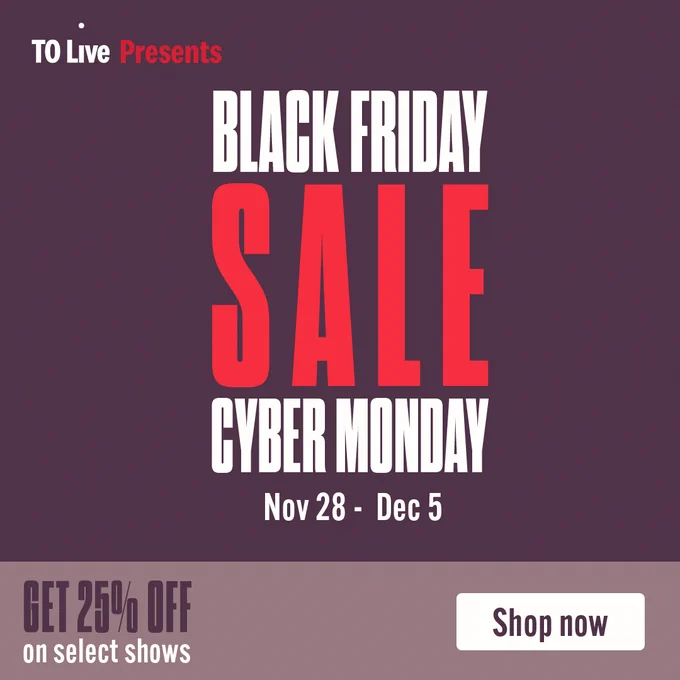 Black Friday and Cyber Monday sale announcement with dates Nov 28 to Dec 5 and 25% off on select shows.