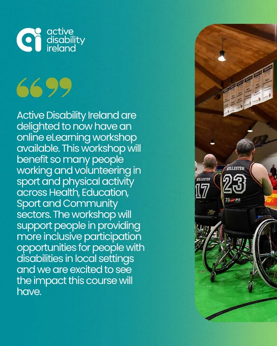 Text graphic with an image of two wheelchair basketball players from behind with a basketball court in the background.