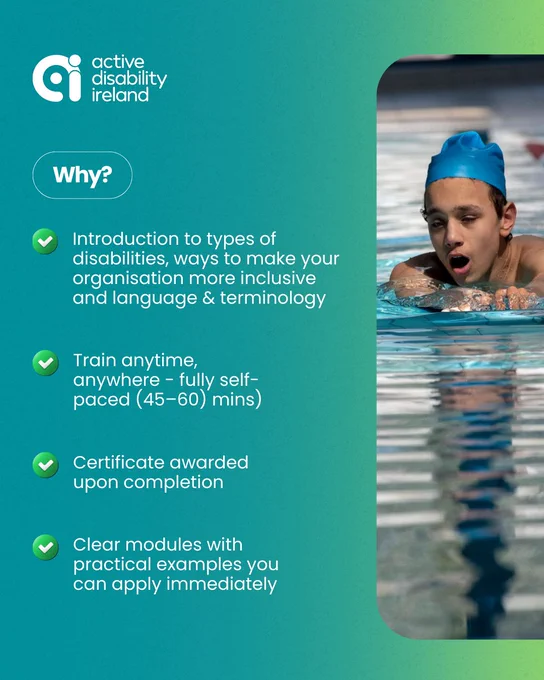 Text graphic with an image of a child in a blue swimming hat swimming in a pool.