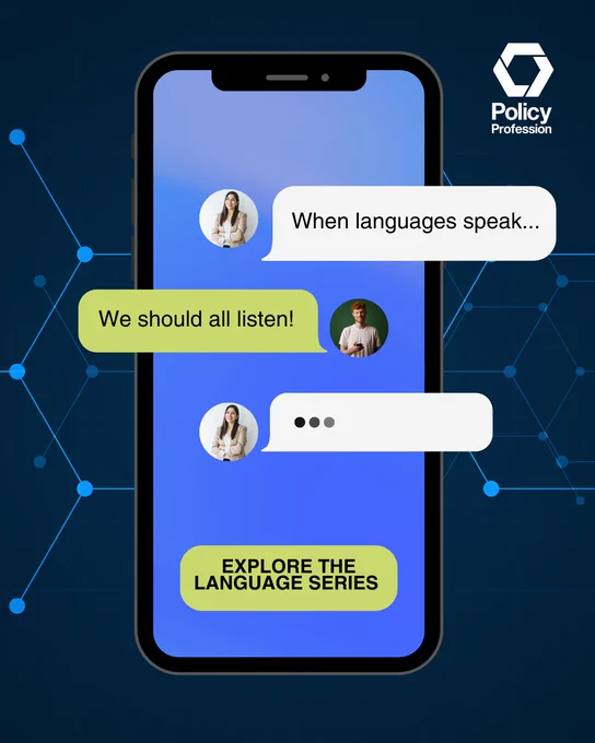 Smartphone screen showing a text conversation about language with messages: 'When languages speak...' and 'We should all listen!'.