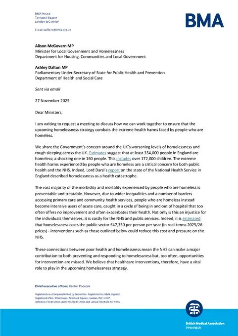 Letter to Alison McGovern MP and Ashley Dalton MP, requesting a metting to discuss the upcoming homelessness strategy, from Professor David Strain.