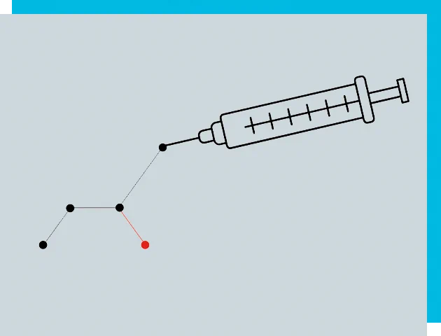 A graphic showing a syringe inject a red line into a matrix made from straight lines.