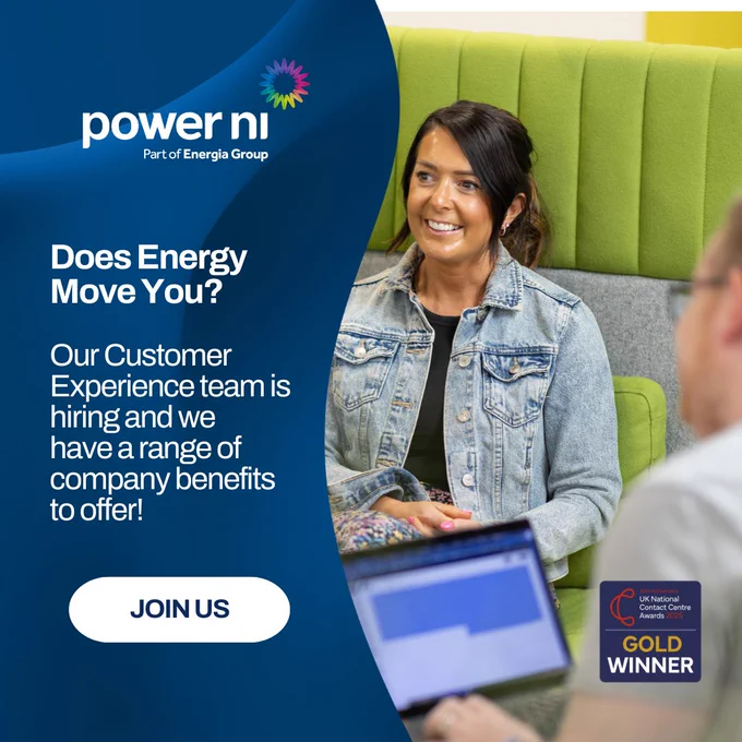 Two colleagues in a casual meeting with a laptop, promoting Power NI's Customer Experience team hiring and benefits. Does Energy Move You? Our Customer Experience team is hiring and we have a range of company benefits to offer! Join us
