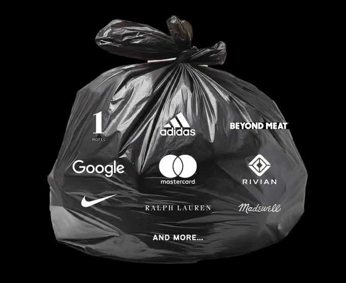 An image with the logos of Google, Mastercard, Madewell, Ralph Lauren, Nike, adidas, and Beyond Meat, who are all partners of ANYBAG. 