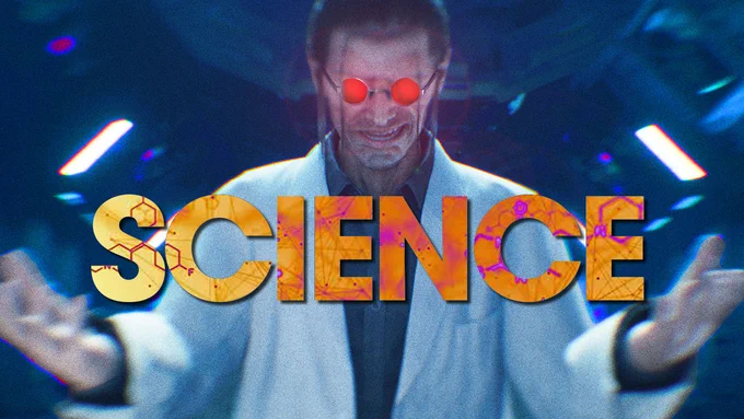 Le Scientifique Hojo de FF7, en blouse blanche, se tient face à nous les bras ouverts tendus vers nous. Ses lunettes sont renforcées d'un vernis rouge qui fait penser à une tendance "méchante"
Le mot Science est écrit en gros entre ses mains.
