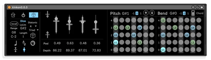 Kinkon interface with vertical faders, array of pitches indicated as a grid of circles.