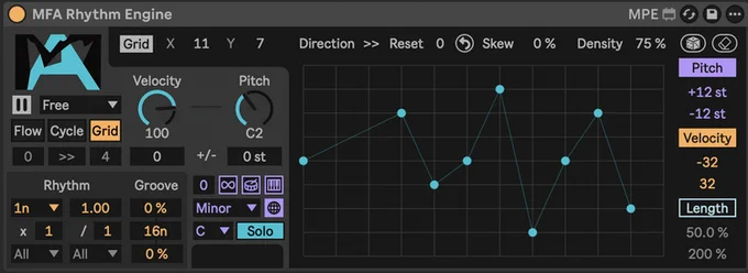 MFA Rhythm Engine interface with MFA logo, various parameters, velocity, pitch, and an X-Y grid of multi-segment controls.