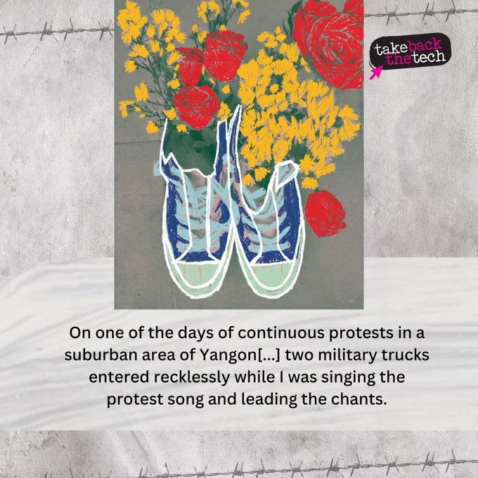 Illustration of a pair of canvas shoes with flowers blooming out of it. Text: On one of the days of continuous protests in a suburban area of Yangon[...] two military trucks entered recklessly while I was singing the protest song and leading the chants.