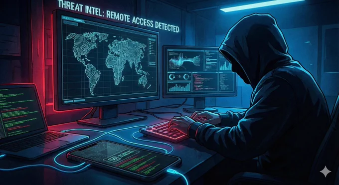 Illustration of Android malware “Albiriox” taking remote control of a smartphone using VNC streaming and accessibility abuse.