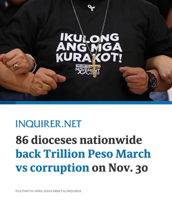A total of 86 dioceses across the country have expressed their support for the Trillion Peso March rally against corruption and political dynasties that will be held at the Epifanio Delos Santos Avenue People Power Monument on Sunday, November 30. 