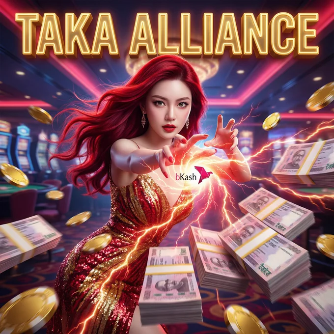 Taka Alliance promotion featuring a stunning woman with flowing red hair summoning a vortex of Taka currency notes and the bKash logo with lightning. Instant withdrawal wealth concept for online casino gaming in Bangladesh.