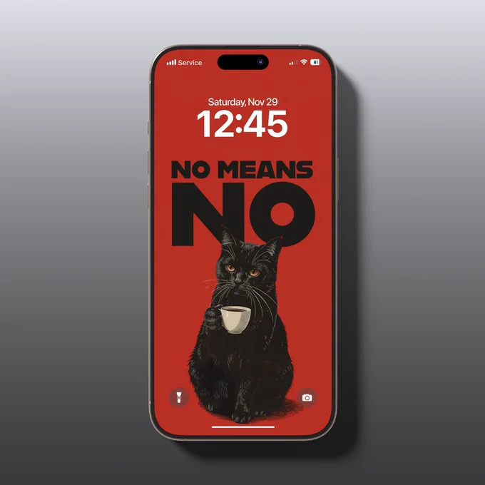 “Illustration of a black cat holding a coffee cup with bold text saying ‘No Means No’ on a red background.”