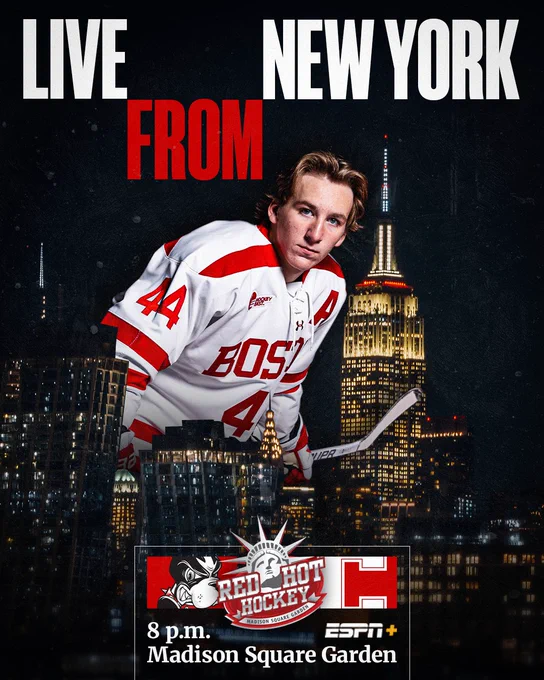 Cole Hutson posed photo in New York City skyline. Live from New York text above him. Red Hot Hockey - BU vs. Cornell, 8 PM, at Madison Square Garden on ESPN 