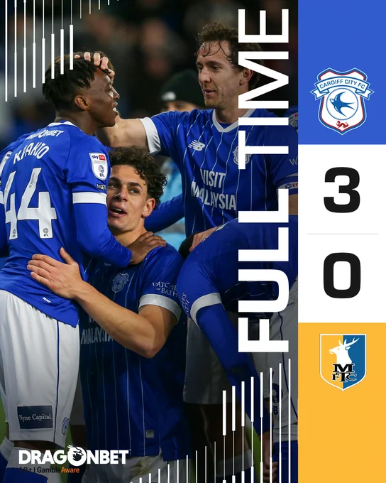 The Bluebirds celebrate Yousef Salech's goal. It finishes three-nil to City!