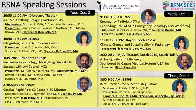 RSNA Speaking Sessions for Tues Dec 2 through Thurs Dec 4 featuring Maryland presenters.
Tues:
– 10:30–11:00 AM, Discovery Theater: AMA on imaging sustainability.
– 10:50–11:50 AM, S103D: Integrating research into your career.
– 1:45–2:45 PM, Residents Lounge: Trainee resilience for AMGs and IMGs.
– 4:30–5:30 PM, E353C: Cardiac rapid-fire cases.
Weds:
– 9:30–10:30 AM, N228: Emergency radiology   AI workflows.
– 11:00–12:00 PM, Bayer Booth 2514: Climate change and sustainability in radiology.
– 2:30–2:50 PM, AI Theater Booth 5536: AI for quality and efficiency.
Thurs:
– 8:00–9:00 AM, E450B: Best practices for AI model regulation.