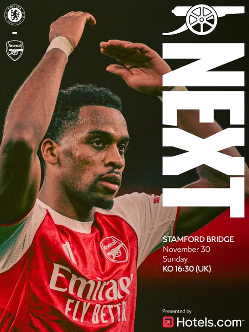 Our Next Match graphic ahead of tomorrow’s game against Chelsea, featuring Jurrien Timber with text reading “Stamford Bridge, November 30, Sunday, Kick-off 16:30 (UK)”.