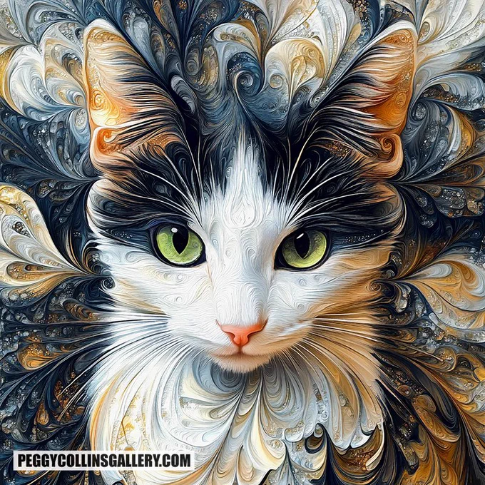 Artwork of Dollie Joy, a bicolor cat with beautiful green eyes, by artist Peggy Collins.