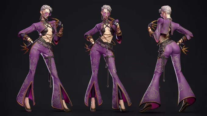 Turnaround render of AKI from Streetfighter, taken from 3 different angles