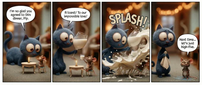 The blue cat and his tiny mouse love at a candlelit miniature dinner, cat spills milk dramatically, mouse soggy suggesting next time they high-five.