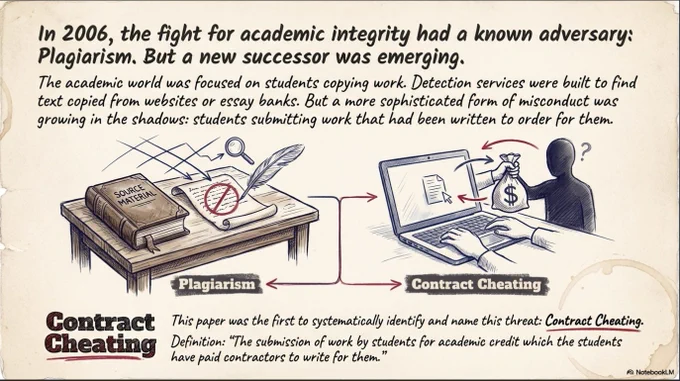 AI designed opening presentation slide contrasting plagiarism with contract cheating, showing source material on one side and a student paying an anonymous contractor on the other.