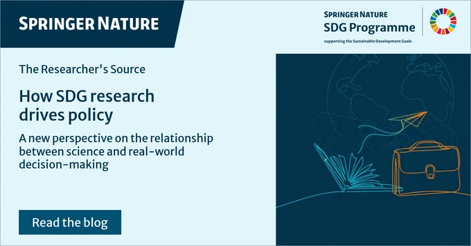 Springer Nature SDG Programme banner. "How SDG research drives policy." Open book and briefcase line art with a paper airplane over a globe. Text: "A new perspective on the relationship between science and real-world decision-making."