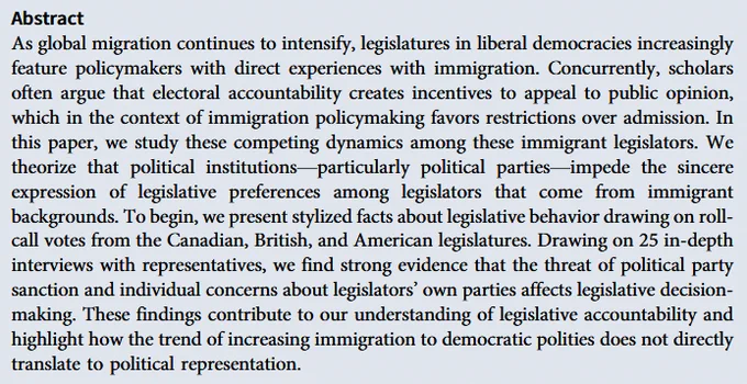 JREP abstract discussing the impact of global migration on legislative processes in liberal democracies, examining the dynamics among immigrant legislators and the influence of party affiliations and electoral accountability on policy decisions.