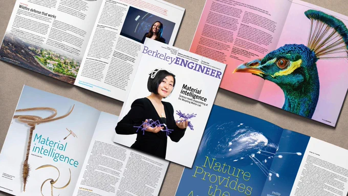 A stock image featuring four opened magazine spreads as well as the cover of Berkeley Engineer magazine. (Photo by Adam Lau / Berkeley Engineering)