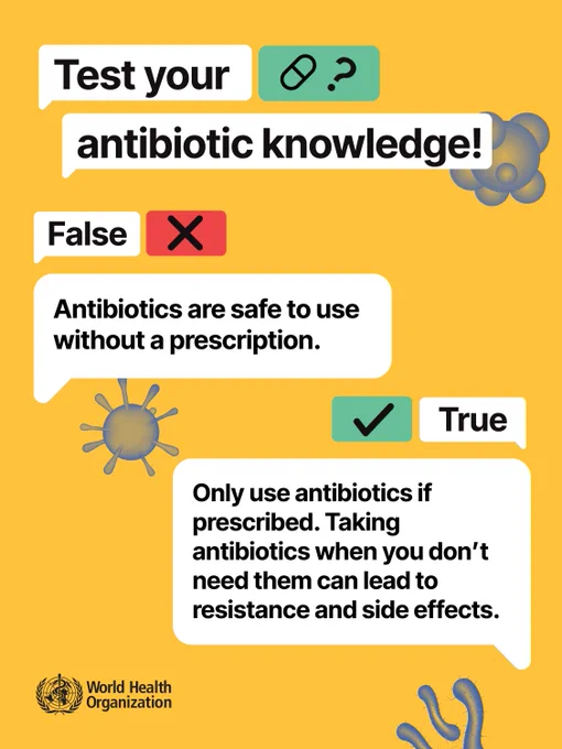 A graphic with the title “Test your antibiotic knowledge!” followed by a pill and question-mark icon. Below, a speech bubble labelled “False” with a red X reads: “Antibiotics are safe to use without a prescription.” Another speech bubble labelled “True” with a green checkmark reads: “Only use antibiotics if prescribed. Taking antibiotics when you don’t need them can lead to resistance and side effects.”