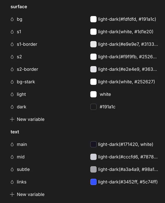 Webflow variables panel displaying surface and foreground color tokens using the light-dark() color feature as the color value. 