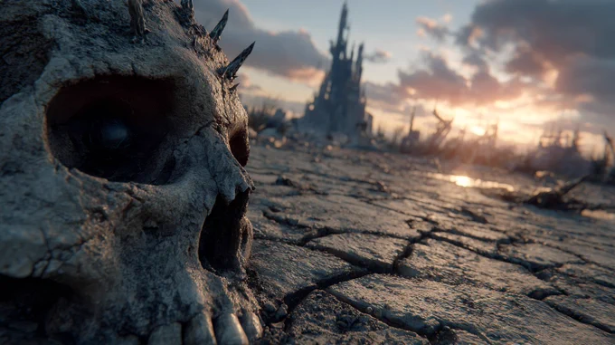 Wide-angle low-angle shot, a broken giant stone head lies in the wasteland center, one hollow eye socket gazing at the horizon, the other sprouting twisted black thorns. Orange-red twilight casts long shadows, ash swirls over cracked earth, three inverted floating landmasses with Gothic spires on the horizon. Hyperrealistic rendering, 32K detail, tar-like sky texture, dominant colors: rust brown, charcoal black, sickly gold symbolizing corrupted faith after civilization's collapse.
