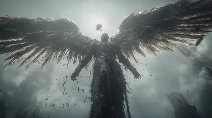 Medium shot, fallen angel spreads three remaining wings violently, broken feathers standing like blades, silver splattering into ritual pattern. Vertical slit opens, expelling a spinning core of dark matter, warping surrounding space.