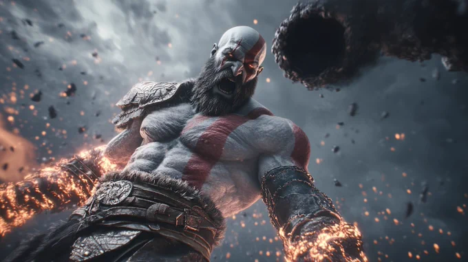 Barbarian roars charging forward, axe engulfed in crimson flame, muscles bulging, branded runes glowing deep violet. Fallen angel hovers mid-air, black hole vortex held before the torso, ready to unleash. The moment before final clash frozen in time.