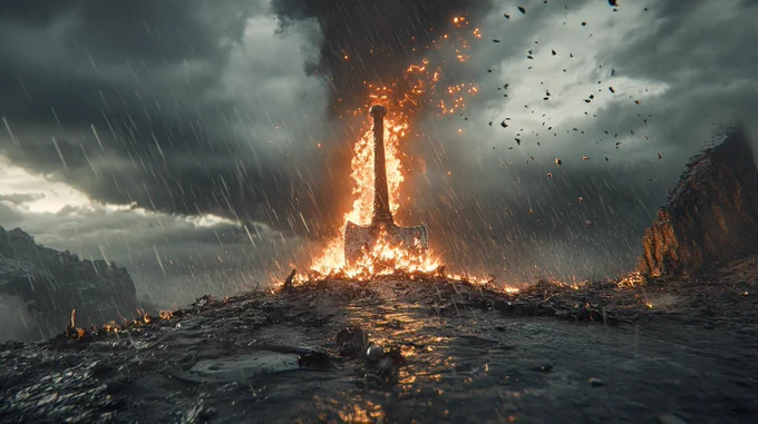 Empty shot of explosion aftermath: a thirty-meter crater with a half-broken axe embedded at the center, flames still flickering. Scattered remains: silver-stained feathers and charred bone fragments. Storm clouds gather above, and the first drop of iron-hued rain falls hitting the blade with a faint sizzling sound.