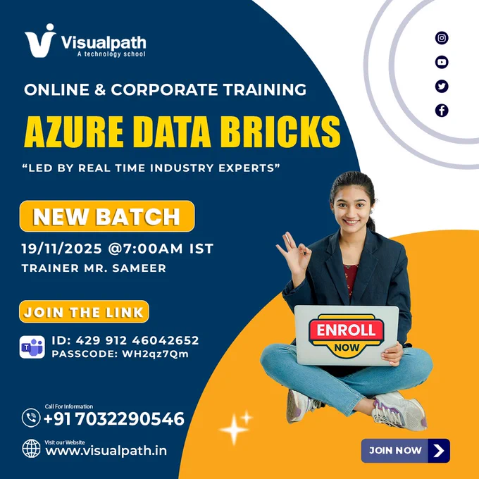 🚀 Upcoming New Batch – Azure Databricks Training
👨‍🏫 Trainer: Mr. Sameer
📅 Date & Time: 19/11/2025 @ 7:00 AM IST
💼 Learn Spark • Databricks • Azure Cloud Workflows
🎯 Real-Time Training by Industry Experts

🔗 Join the Live Session:
🆔 Meeting ID: 429 912 46042652
🔐 Passcode: WH2qz7Qm
🌐 Link: https://bit.ly/3X34toz 

📞 Contact:  91 7032290546
🌍 Website: www.visualpath.in

#AzureDatabricks #AzureTraining #DataEngineering #BigData #SparkTraining #CloudTraining #MicrosoftAzure #DatabricksCourse #Visualpath #ITTraining #CareerUpgrade #TechSkills #onlinetraining