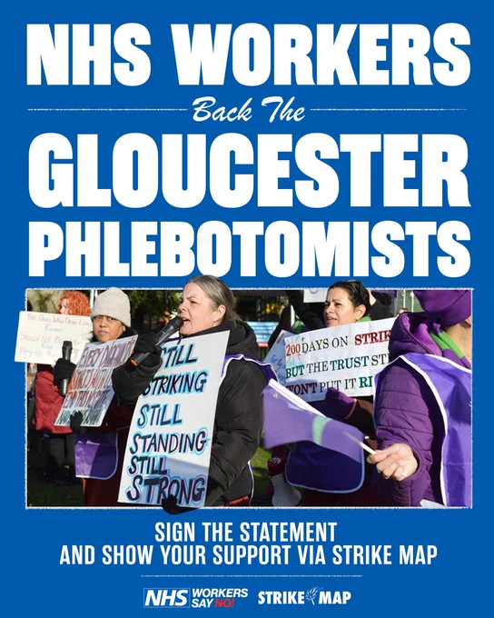Poster showing NHS workers on strike advocating for phlebotomists, featuring a person with a megaphone and others holding signs, encouraging public support and engagement through the Strike Map initiative.