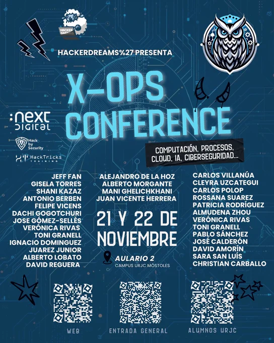 Cartel de X-Ops conference, el 21 y 22 de noviembre, en el que se lee el nombre de todas las personas ponentes. 