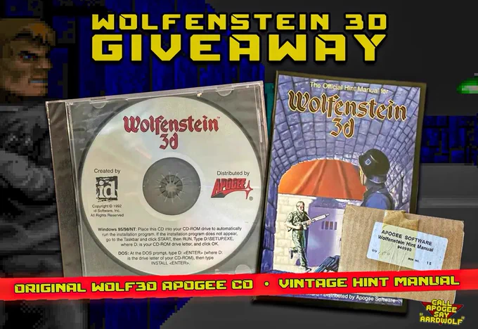 Image announcing a Wolfenstein 3D giveaway. On the left is an original Wolfenstein 3D CD in a jewel case with id Software and Apogee logos. On the right is a vintage Wolfenstein 3D official hint manual, still in its original Apogee shipping sleeve. Bold yellow text at the top reads “WOLFENSTEIN 3D GIVEAWAY,” and a red banner at the bottom says “Original Wolf3D Apogee CD • Vintage Hint Manual.” Background shows pixel art walls from the classic game.