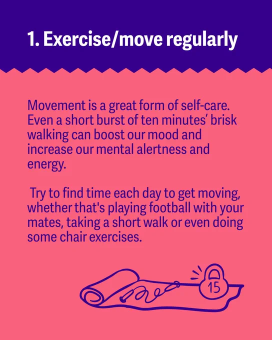 Bold text at the top reads "1. Exercise/move regularly" on a purple background. Below, text on a pink background explains the benefits of movement for mental alertness and energy. It suggests daily activities like walking, football, or chair exercises. A simple illustration at the bottom shows a rolled-up exercise mat, a skipping rope, and a kettlebell labeled "15".