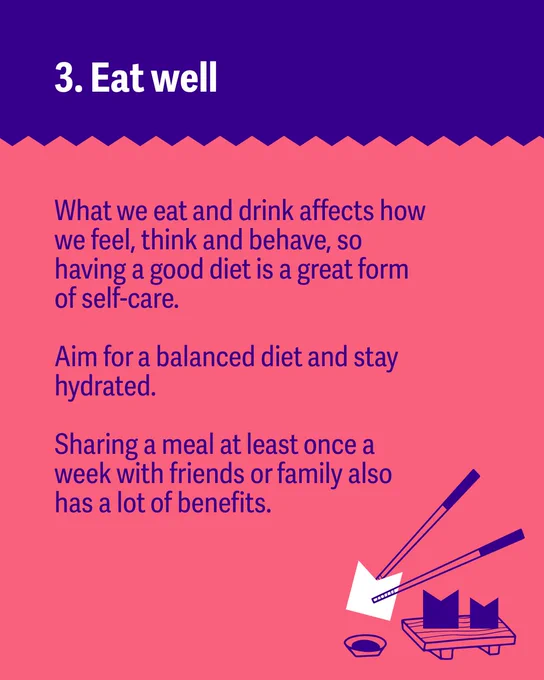 A section of a graphic titled "3. Eat well" in white text on a purple background top. Below, on a pink background, it states: "What we eat and drink affects how we feel, think and behave, so having a good diet is a great form of self-care. Aim for a balanced diet and stay hydrated. Sharing a meal at least once a week with friends or family also has a lot of benefits." At the bottom right, there's an illustration of a sushi set with chopsticks and a small dish.