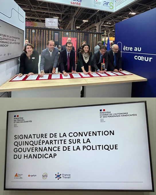 Montage photo. Sur la première photo nous apercevons la ministre aux côtés de diverses personnes signant une convention. Sur la deuxième photo il s’agit d’une télévision où il est indiqué « signature de la convention quiquépartite sur la gouvernance de la politique du handicap »