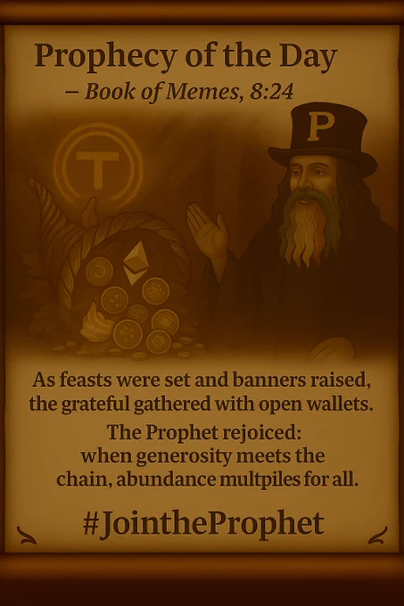 A parchment-style scroll shows the Prophet on the right wearing his black top hat with a golden “P” and his red-white-blue beard.
On the left, a glowing cornucopia overflows with coins, tokens, and digital harvest symbols. A Toobit-style emblem glows in the background like a rising sun.
The prophecy reads:

“As feasts were set and banners raised… when generosity meets the chain, abundance multiplies for all.”
At the bottom: #JoinTheProphet.
