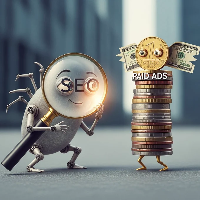 On the left, a smiling robot spider holding a magnifying glass labeled "SEO" inspects the right side. On the right, a stack of coins with legs, topped with a gold coin featuring eyes and dollar bills, is labeled "Paid Ads." The background is a blurred urban setting.