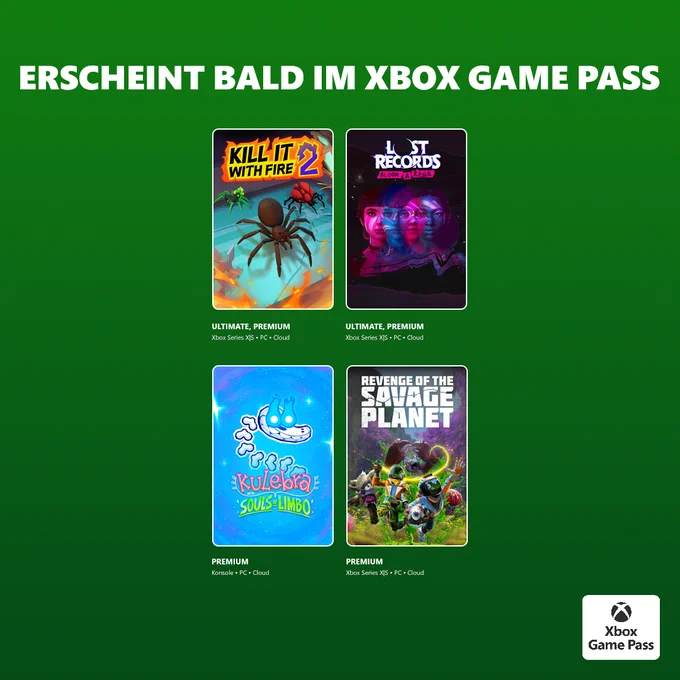 Demnächst im Xbox Game Pass:
The Crew Motorfest, Moonlighter 2: The Endless Vault (Spielvorschau), Monsters are Coming! Rock & Road, Marvel Cosmic Invasion, Banishers: Ghosts of New Eden, Kill it with Fire 2, Lost Records: Bloom & Rage, Kulebra and the Souls of Limbo und Revenge of the Savage Planet.