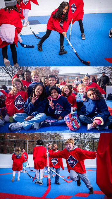 Photo collage of Watkins Elementary School students playing ball hockey on the new Rush Rink.
