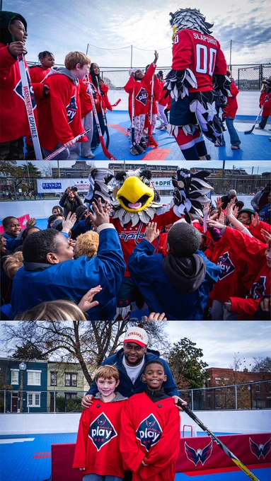 Photo collage featuring Devante Smith-Pelly and Slapshot during today's ball hockey clinic.