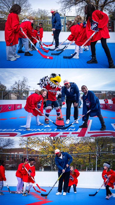 Photo collage featuring Devante Smith-Pelly and Slapshot during today's ball hockey clinic.