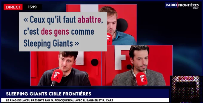 Capture d'une image du stream de Frontieres, avec en citation : "Ceux qu'il faut abattre, c'est des gens comme Sleeping Giants"
